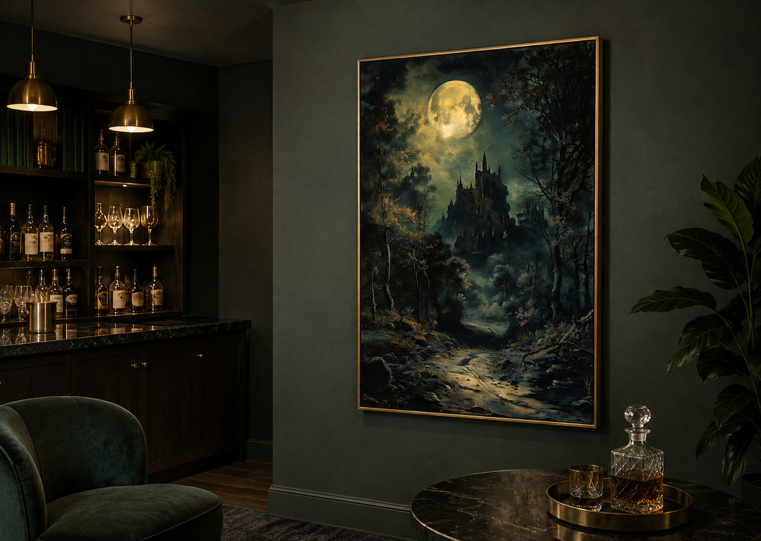 Dark moonlit gothic vampire castle framed canvas wall art hanging in a moody, dark-toned room.