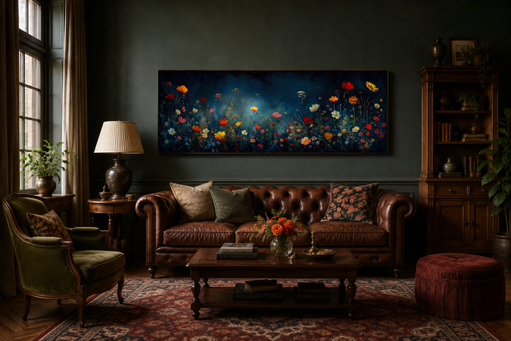 Long horizontal wall art of colorful wildflowers on a dark navy background above a leather sofa.