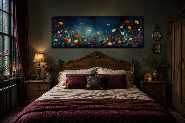 Long horizontal canvas art of colorful wildflowers on a dark blue background hanging above a bed.
