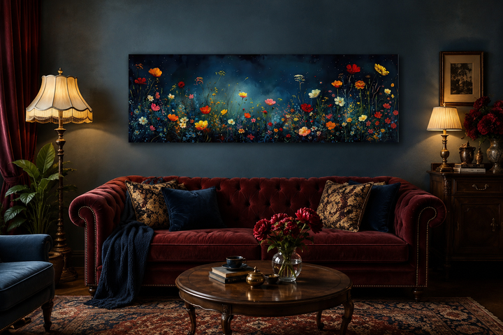Long horizontal canvas print of colorful wildflowers on a dark navy background above a red sofa.