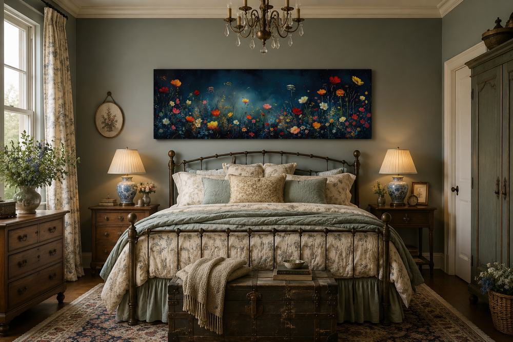 Dark wildflowers field long horizontal canvas wall art hanging above a bed in a bedroom.