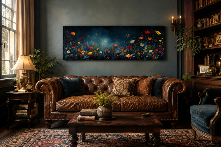 Long horizontal canvas art of vibrant wildflowers on a dark navy background above a leather sofa.