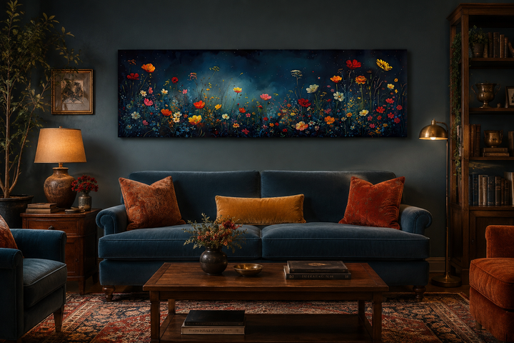 Dark wildflowers field long horizontal canvas wall art hanging above a blue sofa in a living room.