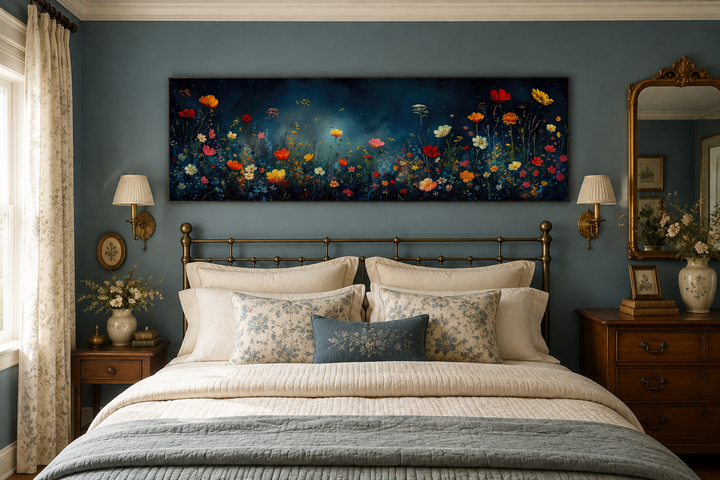 Long horizontal canvas art of colorful wildflowers on a dark background hanging above a bed.