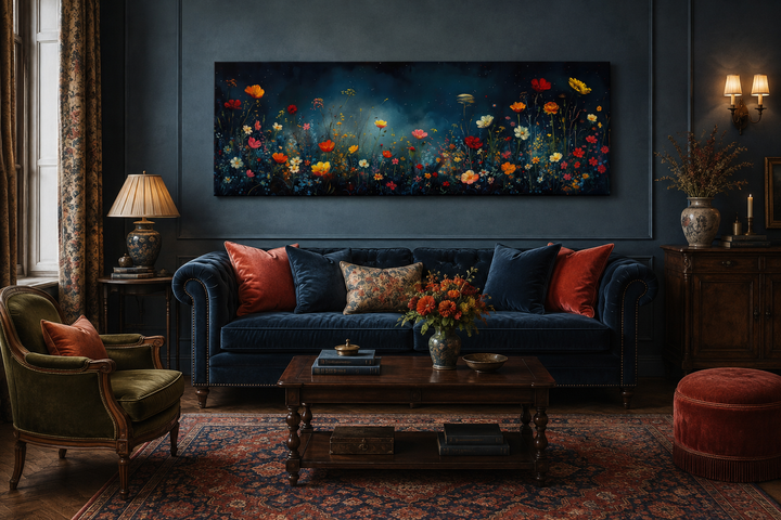 Long horizontal canvas print of colorful wildflowers against a dark, moody blue background.