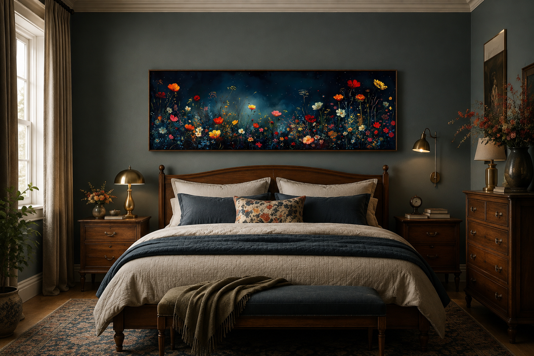 Dark wildflowers field long horizontal canvas print hanging above a wooden bed in a moody bedroom.