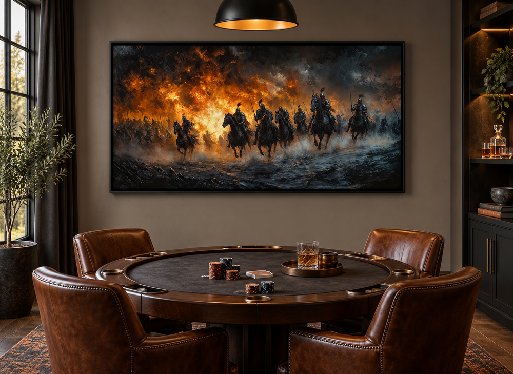 Panoramic canvas art of medieval knights charging through fire, hung in a dark poker room.