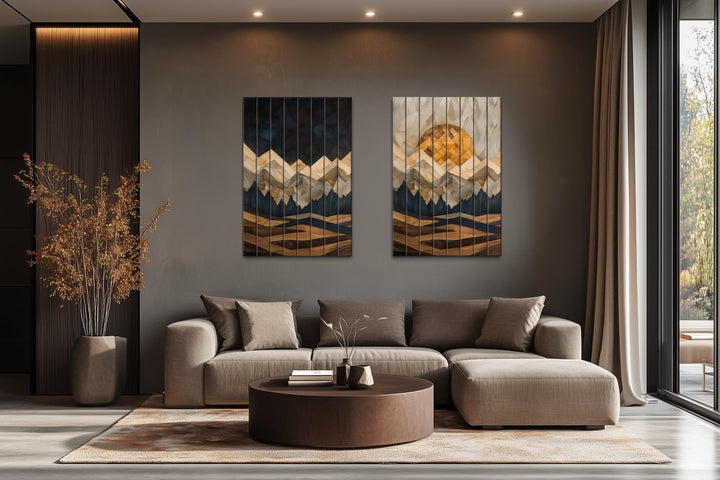 Day and Night Geometric Mountain Set of 2 Distressed Wood Wall Art
