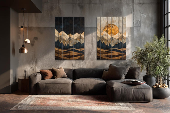 Day and Night Geometric Mountain Set of 2 Distressed Wood Wall Art