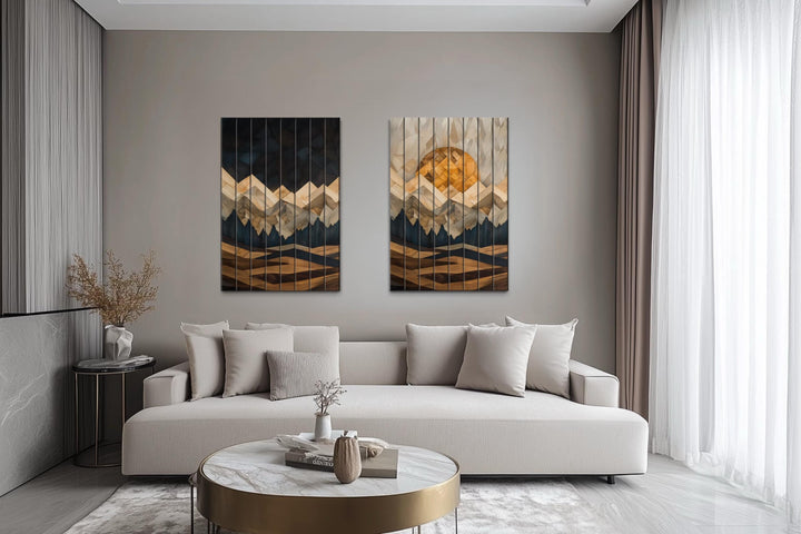 Day and Night Geometric Mountain Set of 2 Distressed Wood Wall Art