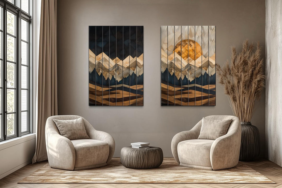 Day and Night Geometric Mountain Set of 2 Distressed Wood Wall Art