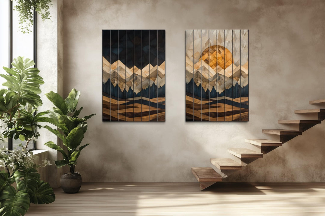 Day and Night Geometric Mountain Set of 2 Distressed Wood Wall Art