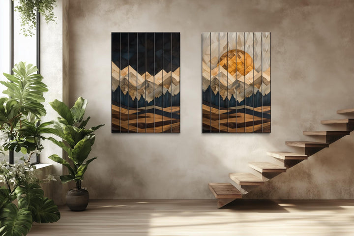 Day and Night Geometric Mountain Set of 2 Distressed Wood Wall Art