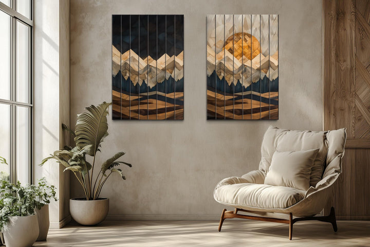 Day and Night Geometric Mountain Set of 2 Distressed Wood Wall Art