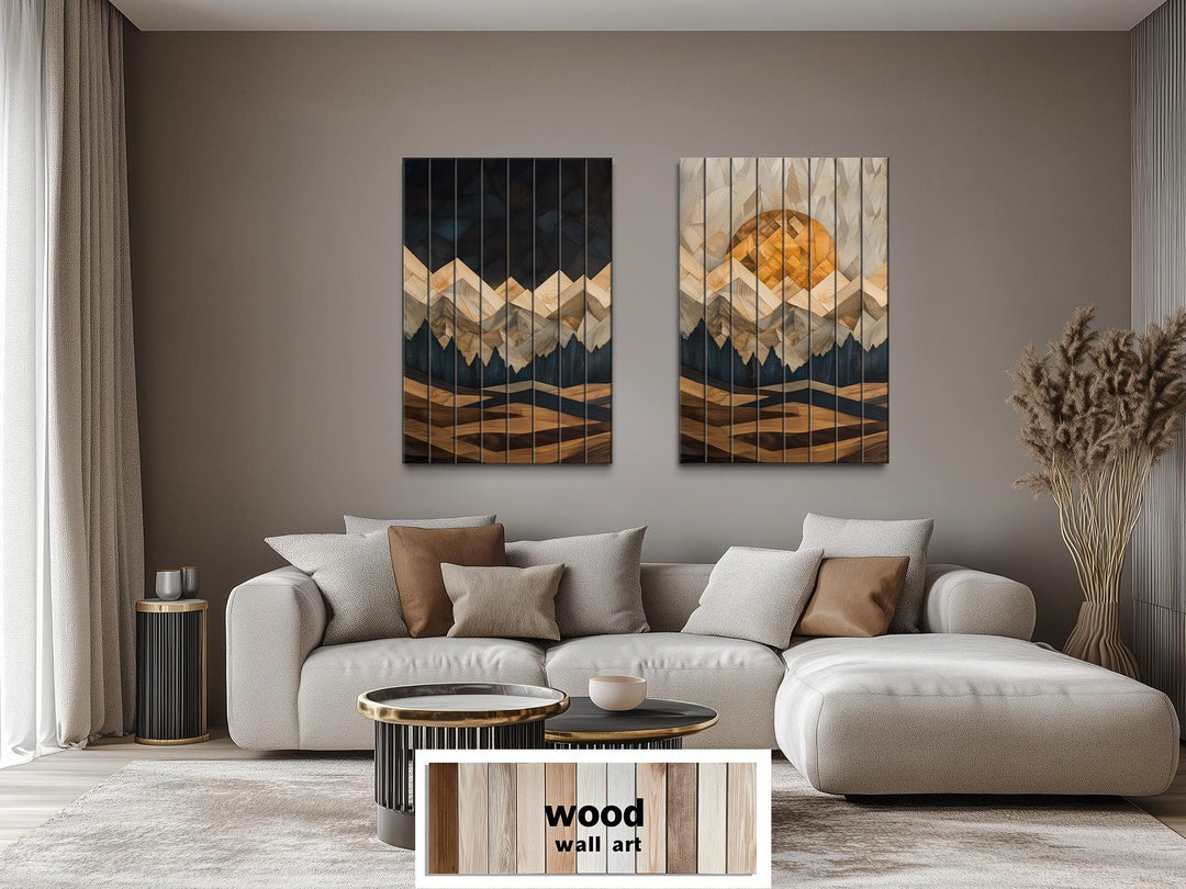 Day and Night Geometric Mountain Set of 2 Distressed Wood Wall Art