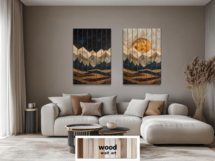 Day and Night Geometric Mountain Set of 2 Distressed Wood Wall Art