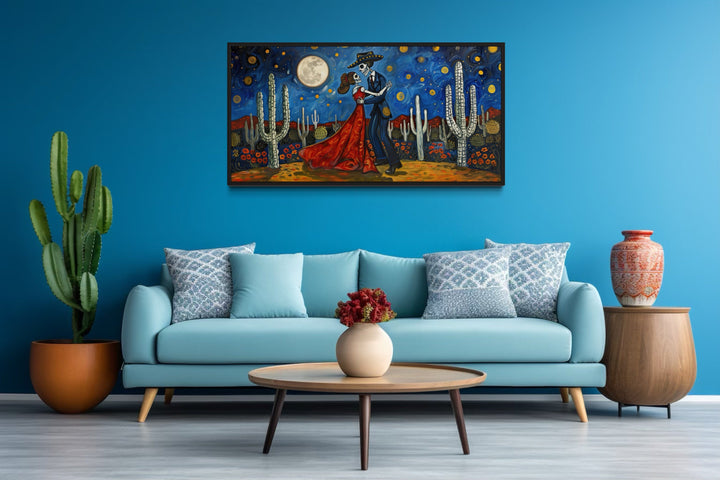 Day of The Dead Skeleton Couple Dancing In Desert At Night Mexican Wall Art