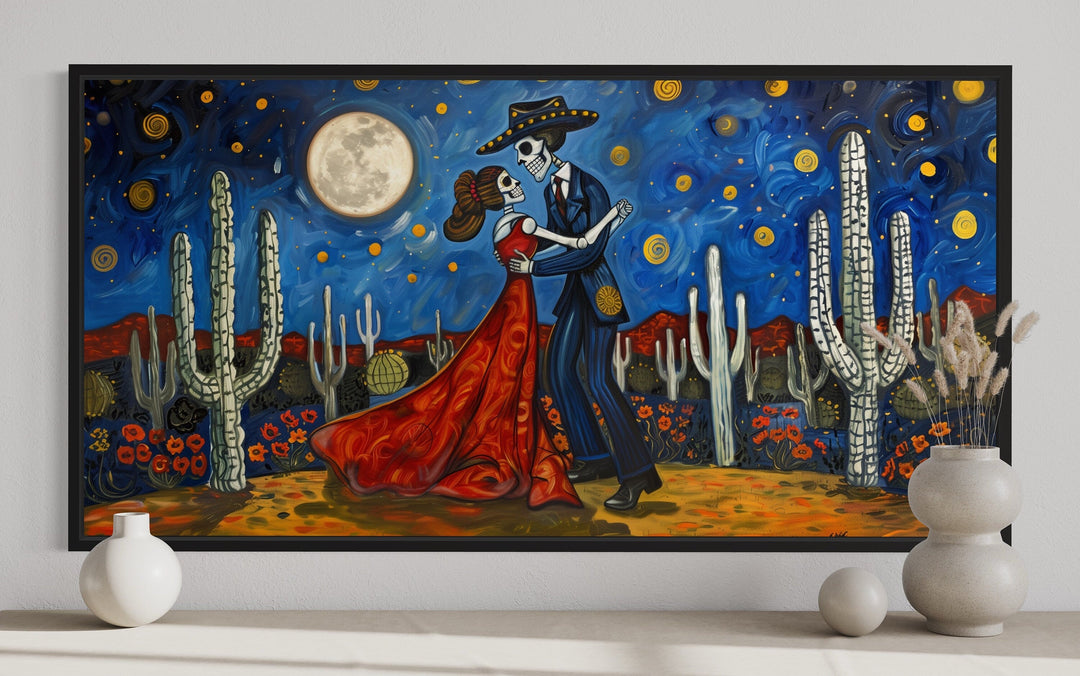 Day of The Dead Skeleton Couple Dancing In Desert At Night Mexican Wall Art