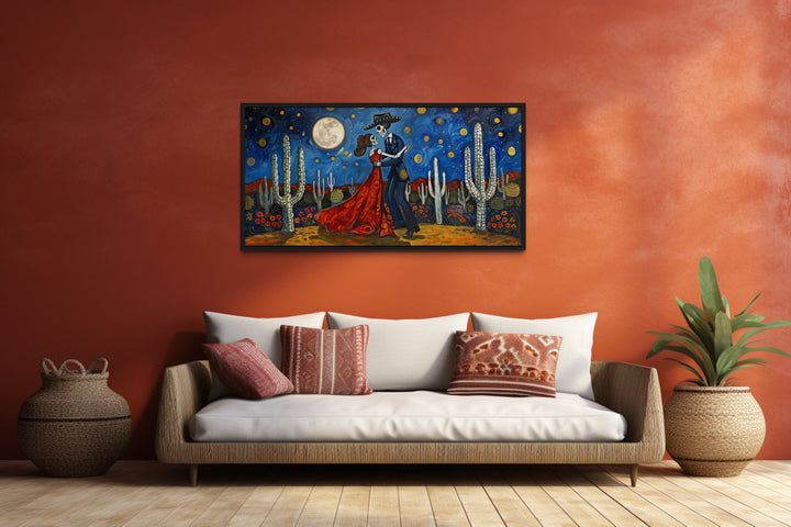 Day of The Dead Skeleton Couple Dancing In Desert At Night Mexican Wall Art