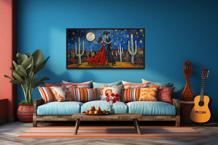 Day of The Dead Skeleton Couple Dancing In Desert At Night Mexican Wall Art