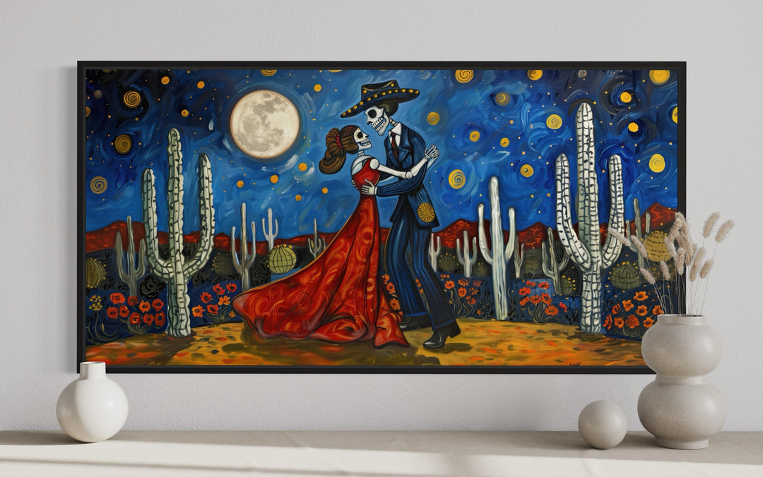 Day of The Dead Skeleton Couple Dancing In Desert At Night Mexican Wall Art