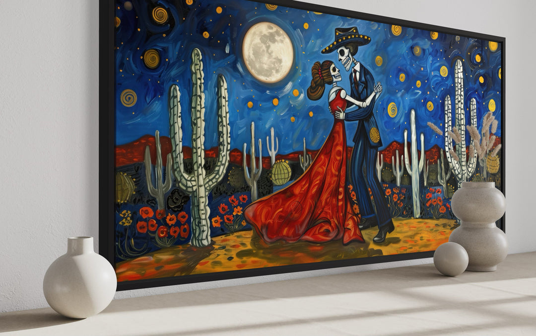 Day of The Dead Skeleton Couple Dancing In Desert At Night Mexican Wall Art