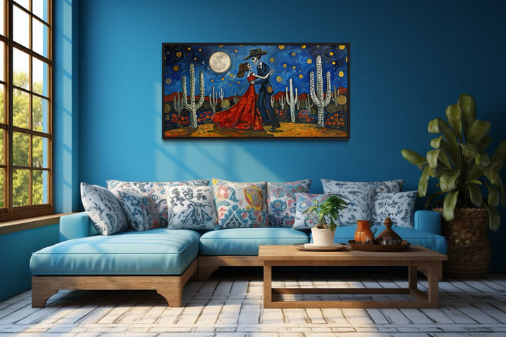 Day of The Dead Skeleton Couple Dancing In Desert At Night Mexican Wall Art