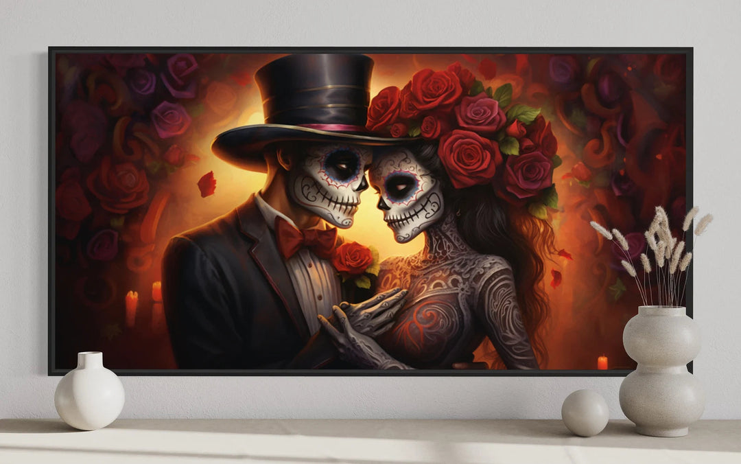 Day of The Dead Sugar Skull Couple Romantic Mexican Framed Canvas Wall Art