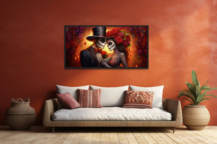 Day of The Dead Sugar Skull Couple Romantic Mexican Framed Canvas Wall Art