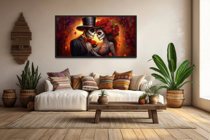 Day of The Dead Sugar Skull Couple Romantic Mexican Framed Canvas Wall Art