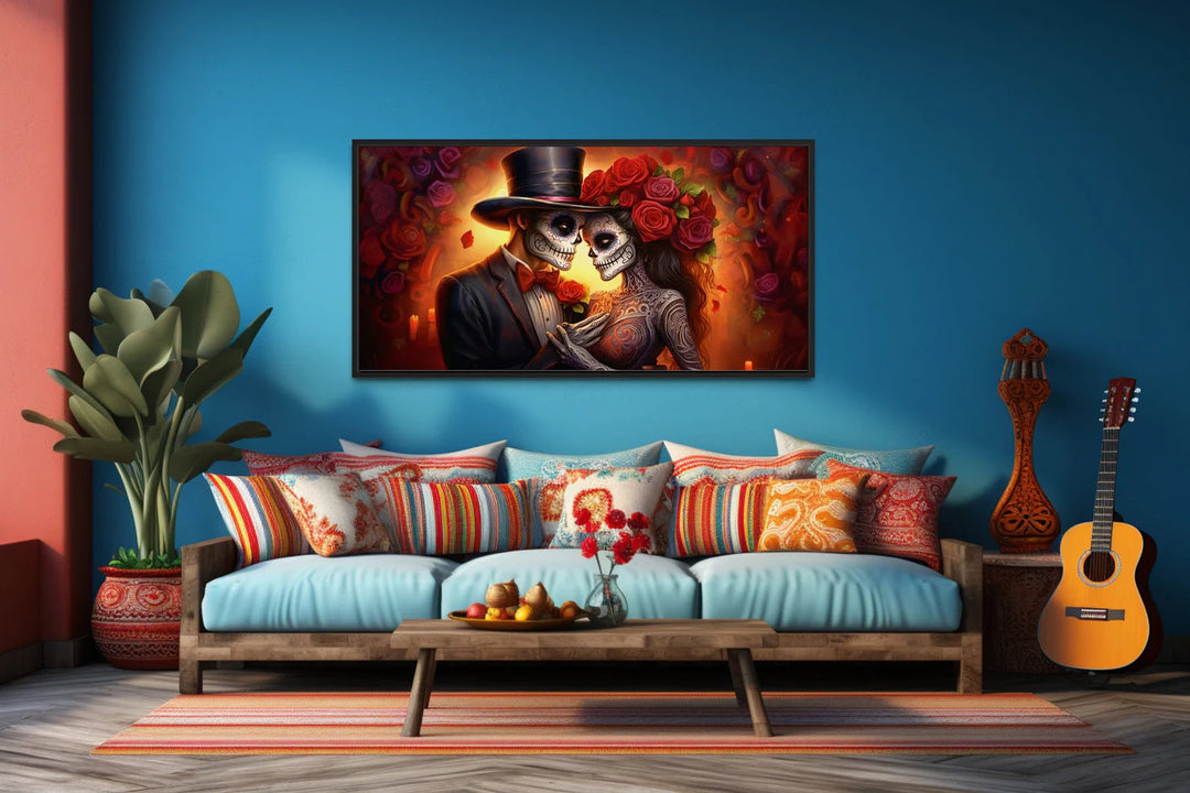 Day of The Dead Sugar Skull Couple Romantic Mexican Framed Canvas Wall Art