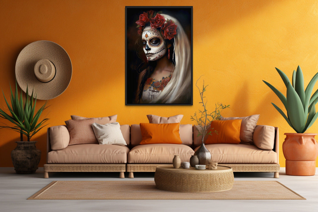 Day of The Dead Woman Sugar Skull Mexican Framed Canvas Wall Art