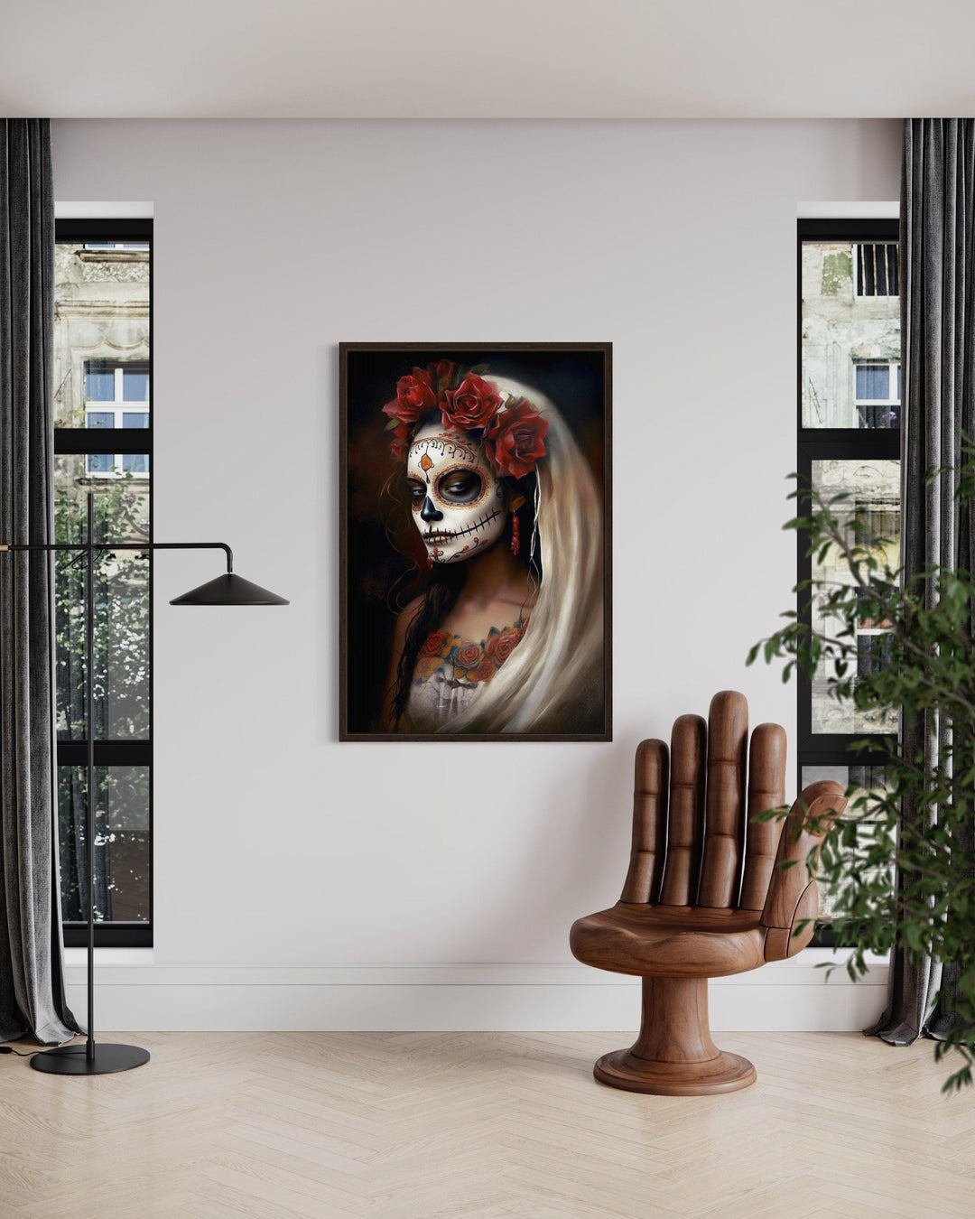 Day of The Dead Woman Sugar Skull Mexican Framed Canvas Wall Art