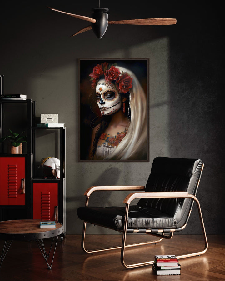 Day of The Dead Woman Sugar Skull Mexican Framed Canvas Wall Art