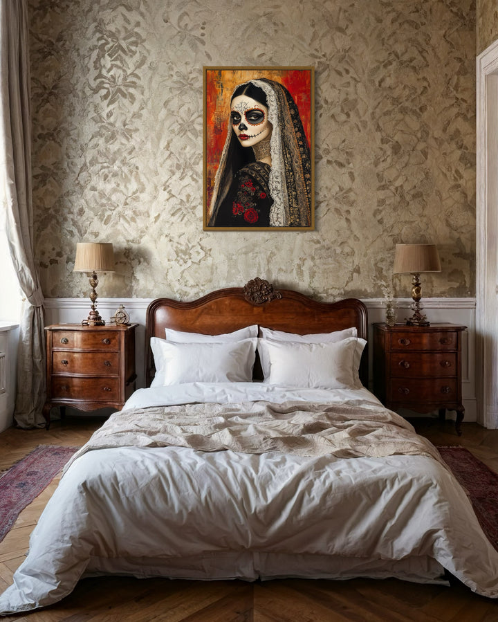 Day of The Dead Woman Sugar Skull Mexican Framed Canvas Wall Art