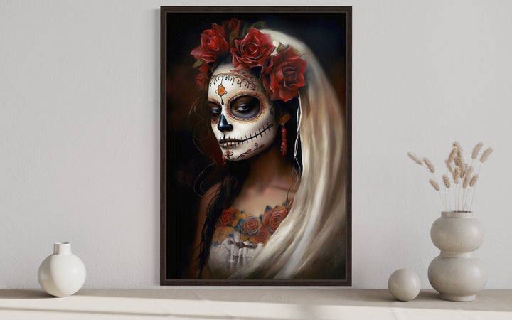 Day of The Dead Woman Sugar Skull Mexican Framed Canvas Wall Art