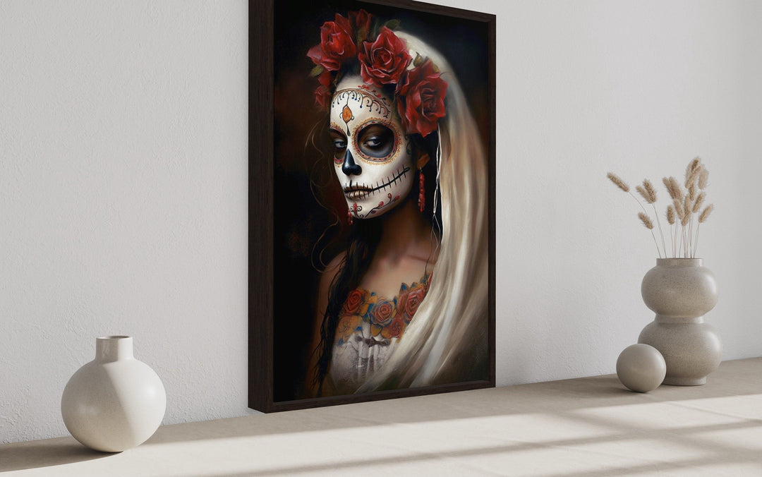 Day of The Dead Woman Sugar Skull Mexican Framed Canvas Wall Art