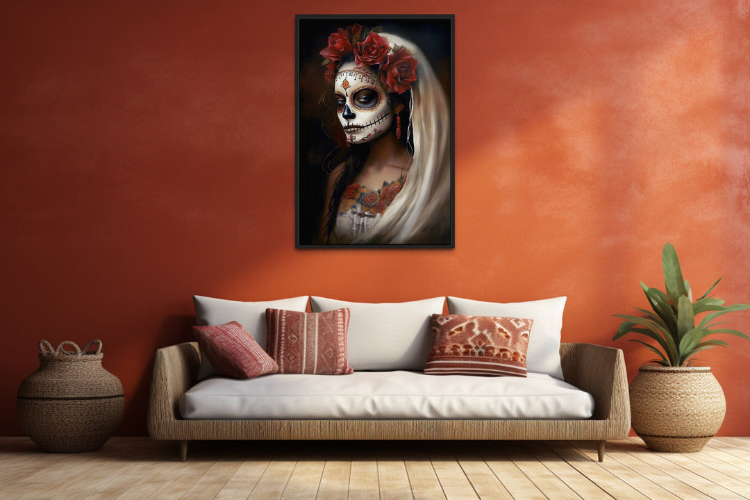 Day of The Dead Woman Sugar Skull Mexican Framed Canvas Wall Art