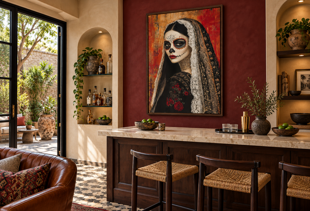 Day of the Dead woman sugar skull framed canvas wall art in a dark wood frame over a home bar.