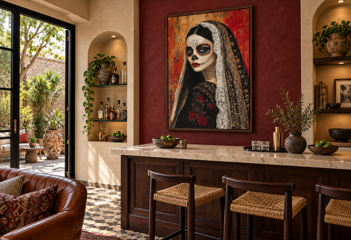 Day of the Dead woman sugar skull framed canvas wall art in a dark wood frame over a home bar.