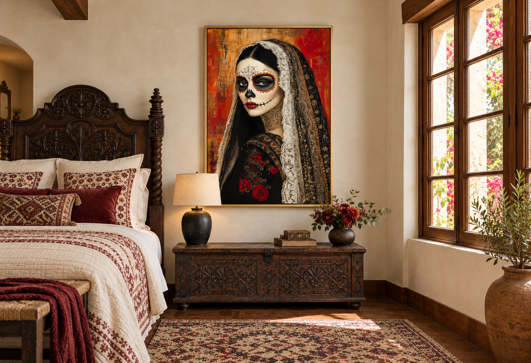 Day of the Dead woman sugar skull Mexican framed canvas wall art above a carved wooden chest.