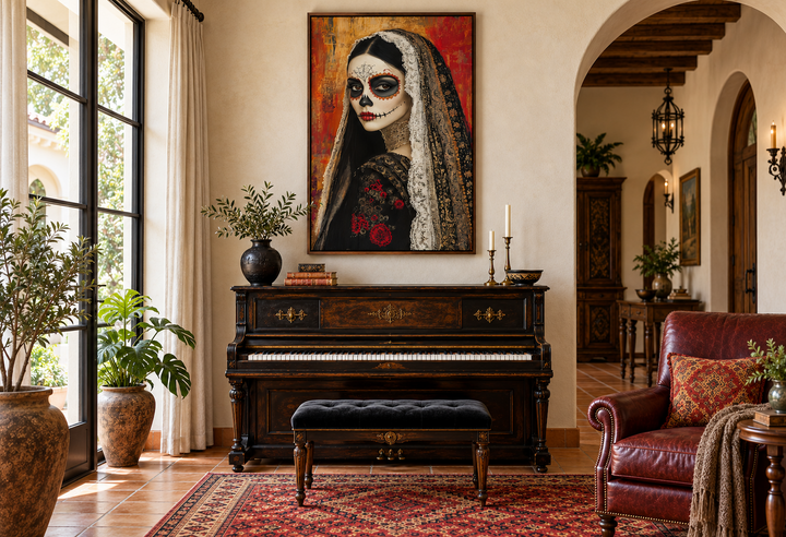 Framed canvas wall art of a Day of the Dead woman with sugar skull face paint above a piano.