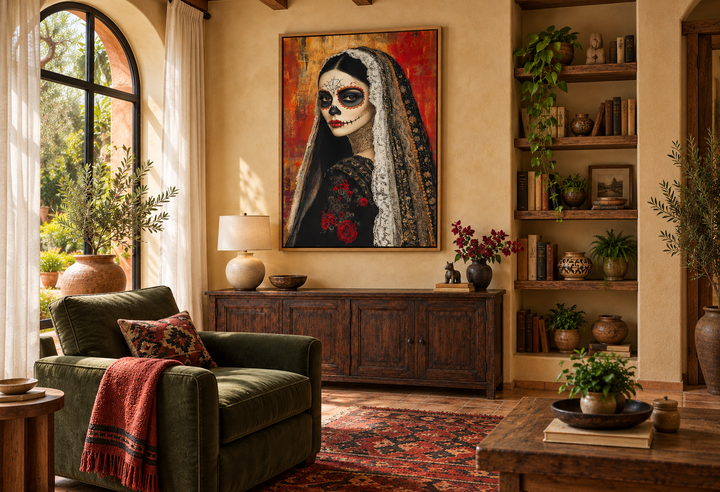 Framed canvas wall art of a Day of the Dead woman with sugar skull face paint in a living room.