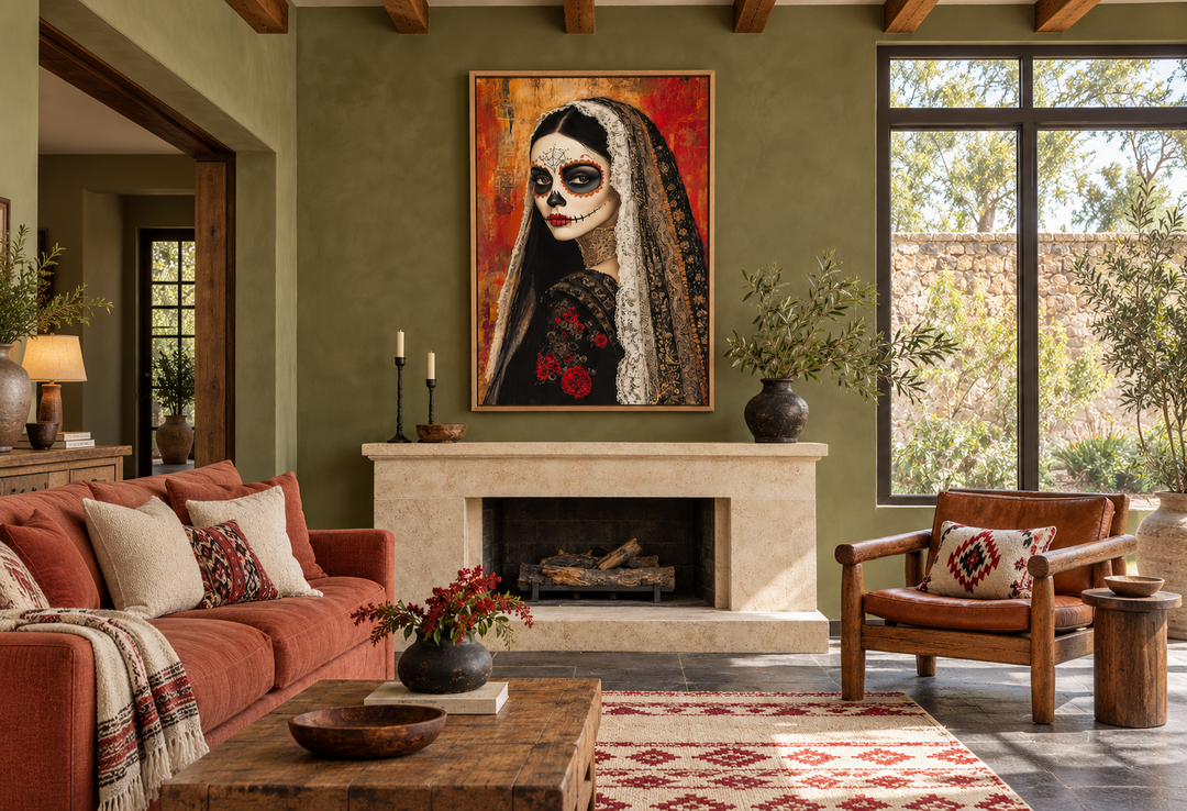 Day of the Dead woman sugar skull framed canvas wall art above a fireplace in a rustic living room.