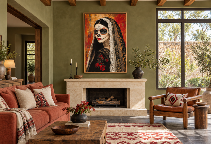 Day of the Dead woman sugar skull framed canvas wall art above a fireplace in a rustic living room.