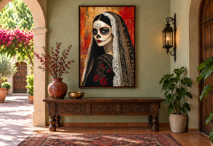 Day of the Dead woman sugar skull portrait in a walnut frame on a sage green wall.