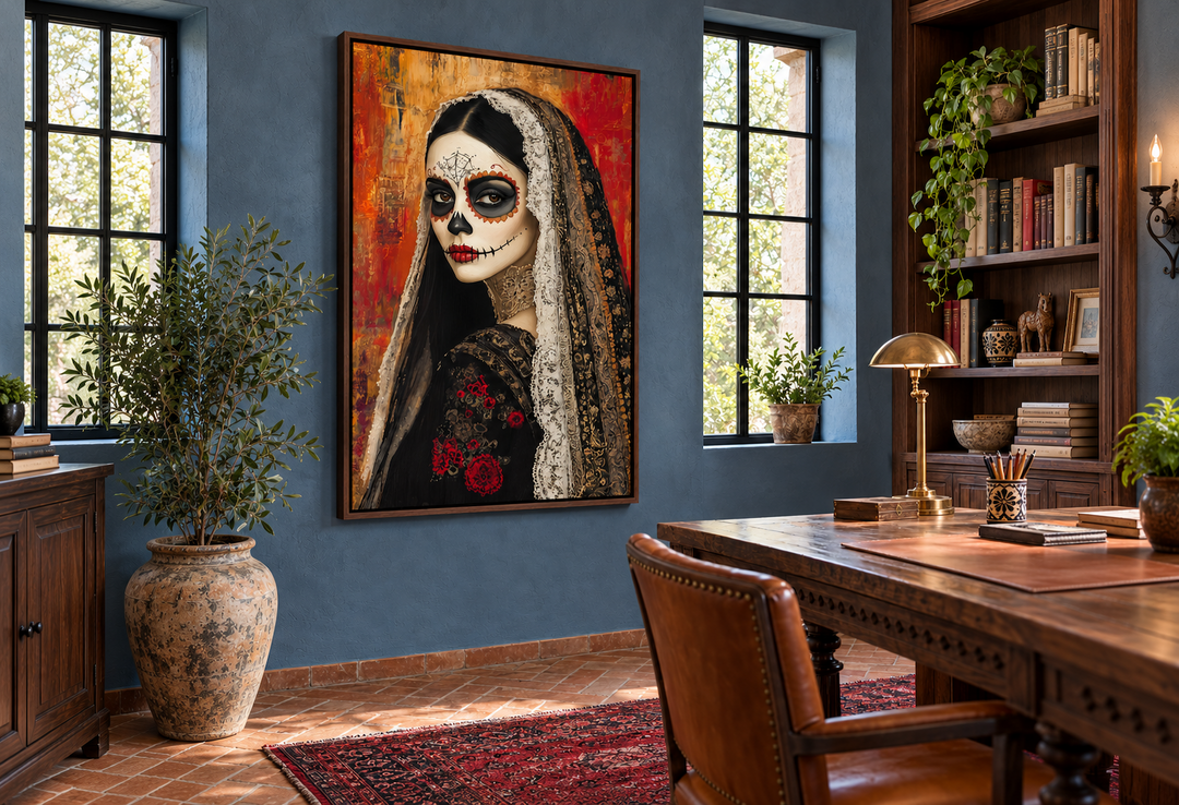 Framed canvas wall art of a Day of the Dead woman with sugar skull face paint in a home office.