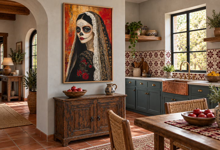 Framed canvas wall art of a Day of the Dead woman with sugar skull face paint in a rustic kitchen.