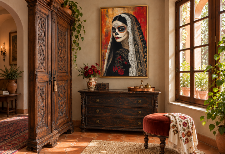 Day of the Dead sugar skull woman framed canvas wall art in a rustic Mexican-style room.