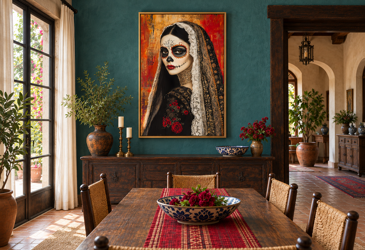 Framed canvas wall art of a Day of the Dead woman with sugar skull makeup in a teal dining room.